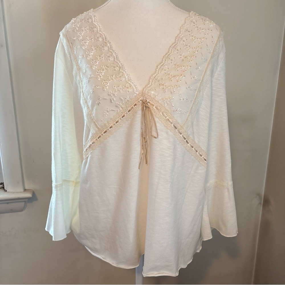 New York & Company Cream Lace-Trim V-Neck Tie-Front Tunic